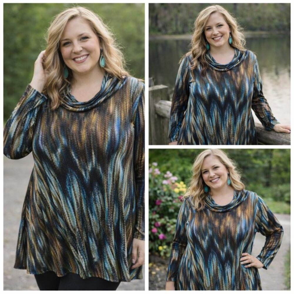 ✨ Vine Street Made in USA Textured Knit Tunic | Cowl Neck | Blue, Bronze & Black
